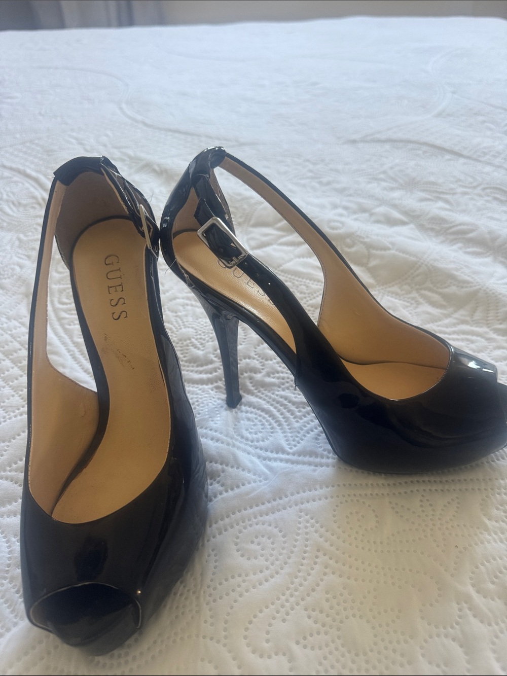 GUESS Black Patent Peep-Toe Slingback Heels with Ankle Buckle